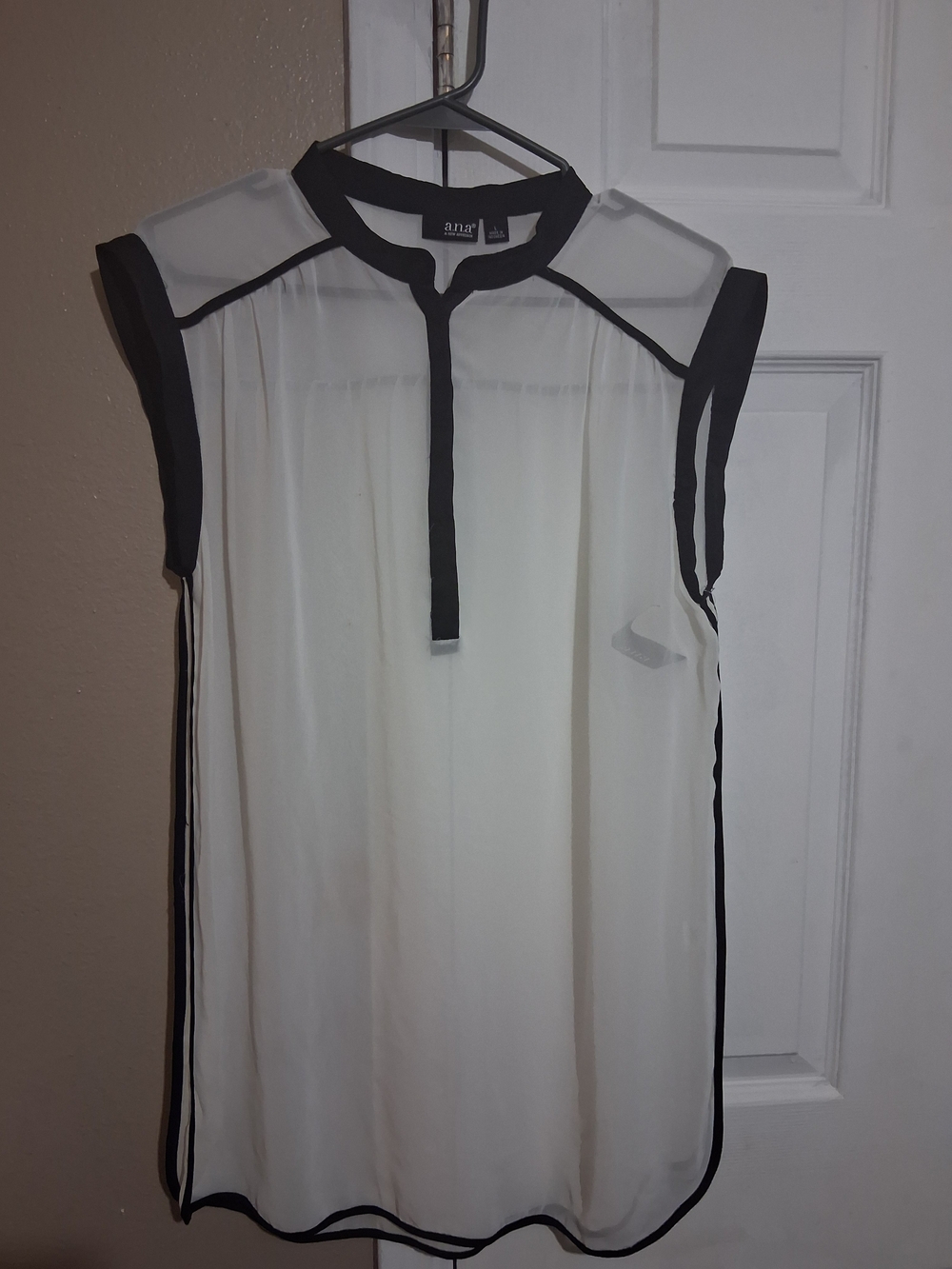 A.N.A. Sheer White and Black Sleeveless Contrast Trim Blouse